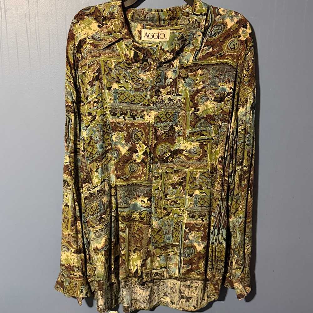 Aggio ART TO WEAR psychedelic party SHIRT men’s XL BLUE GREEN ABSTRACT Rayon VTG